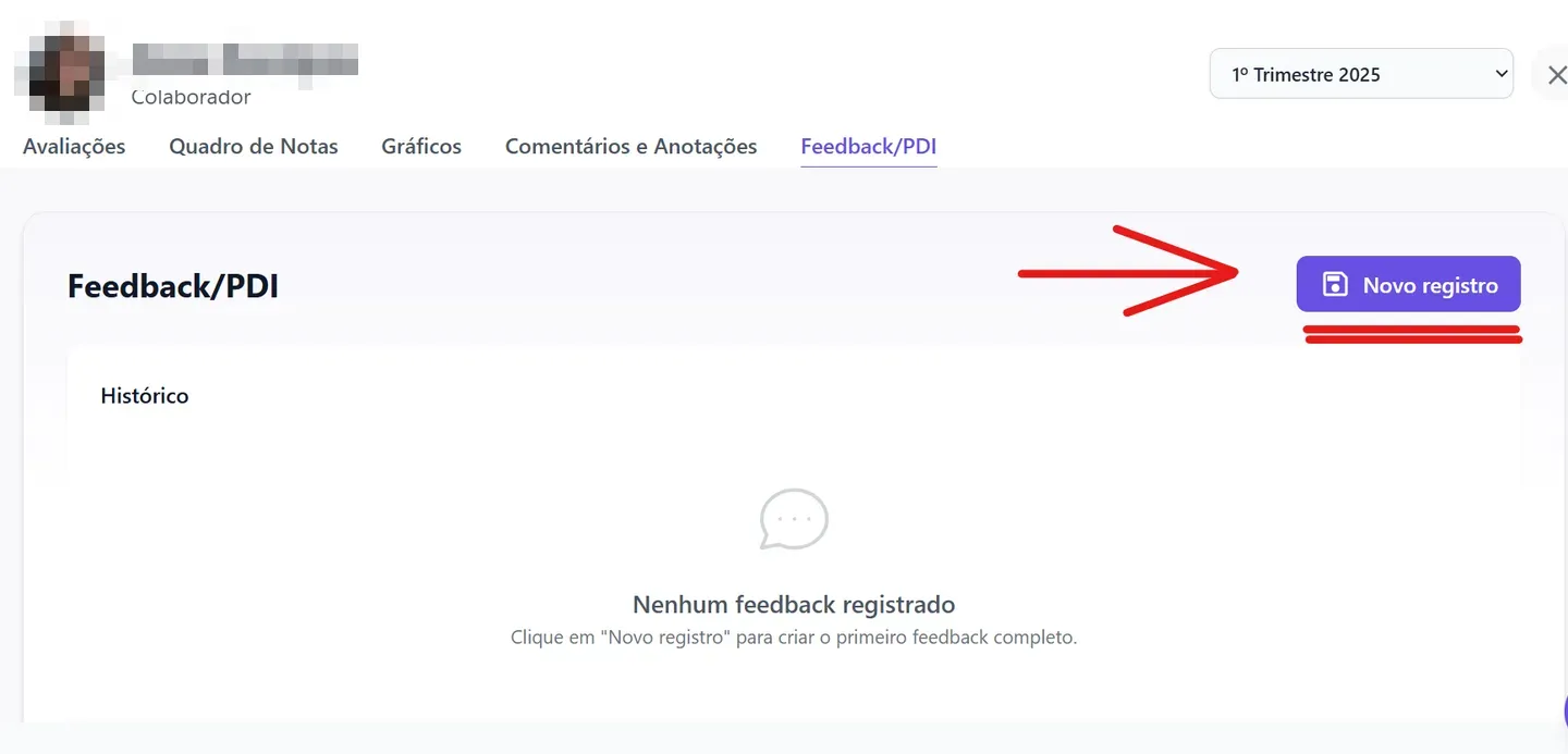 Aba Feedback/PDI aberta, com o botão Novo registro no topo e o histórico ainda vazio