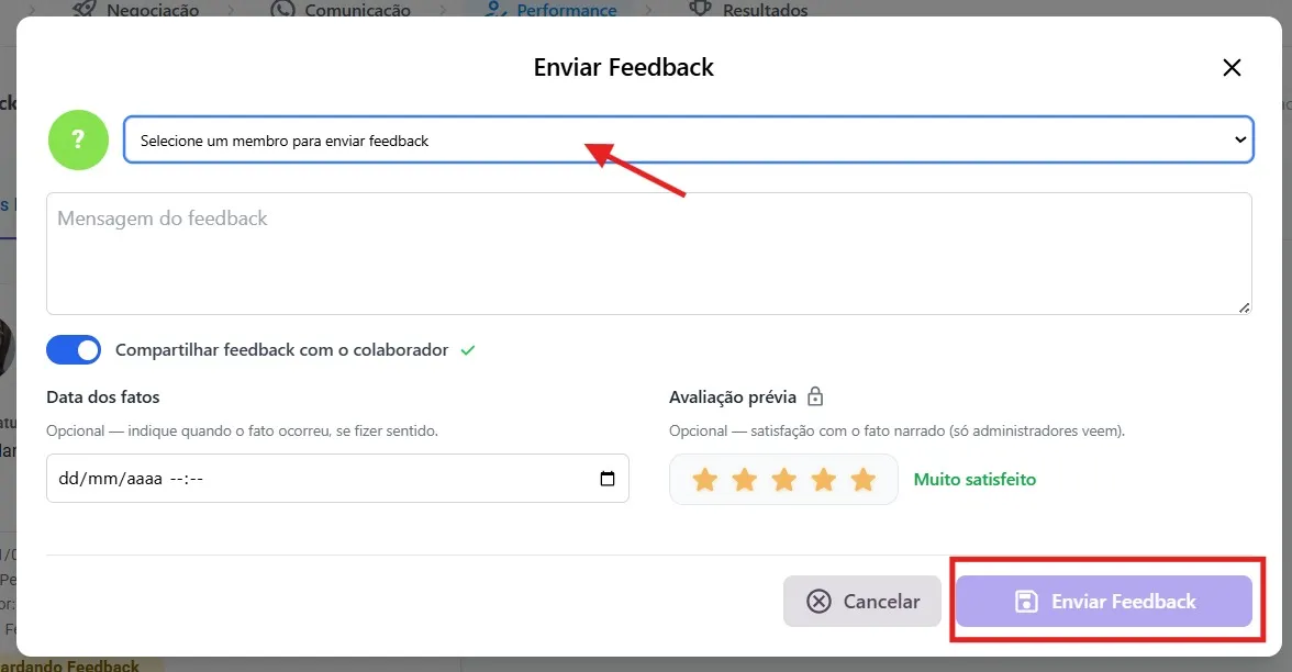 Modal Enviar Feedback com o campo de colaborador, a mensagem, o botão de compartilhar ligado, a data dos fatos e a avaliação prévia em estrelas